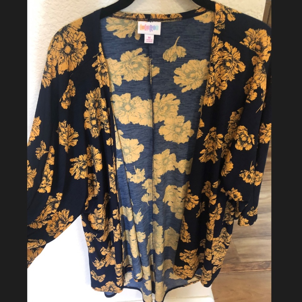 LulaRoe Floral Navy and Gold Lindsay Kimono